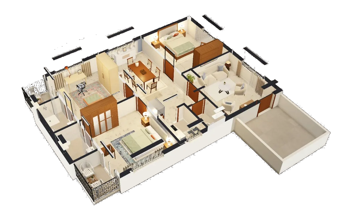 The same apartment as a furnished 3D dollhouse seen from above, with walls, floors and furniture in real materials.
