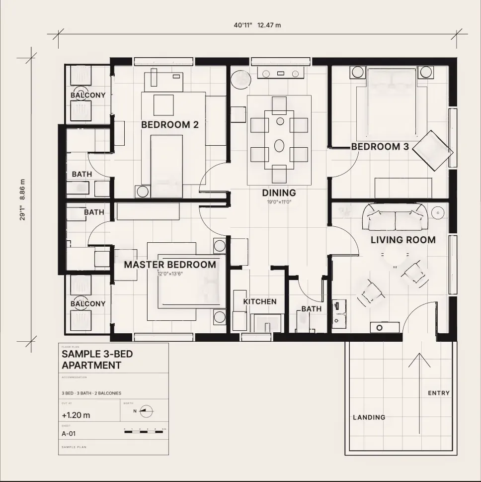 Floor plan of a sample three-bedroom apartment, drawn on a cream sheet lying in the dark.