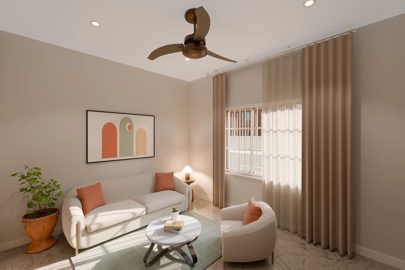 Living room render in the original colours: warm beige walls, a cream sofa and tan curtains.