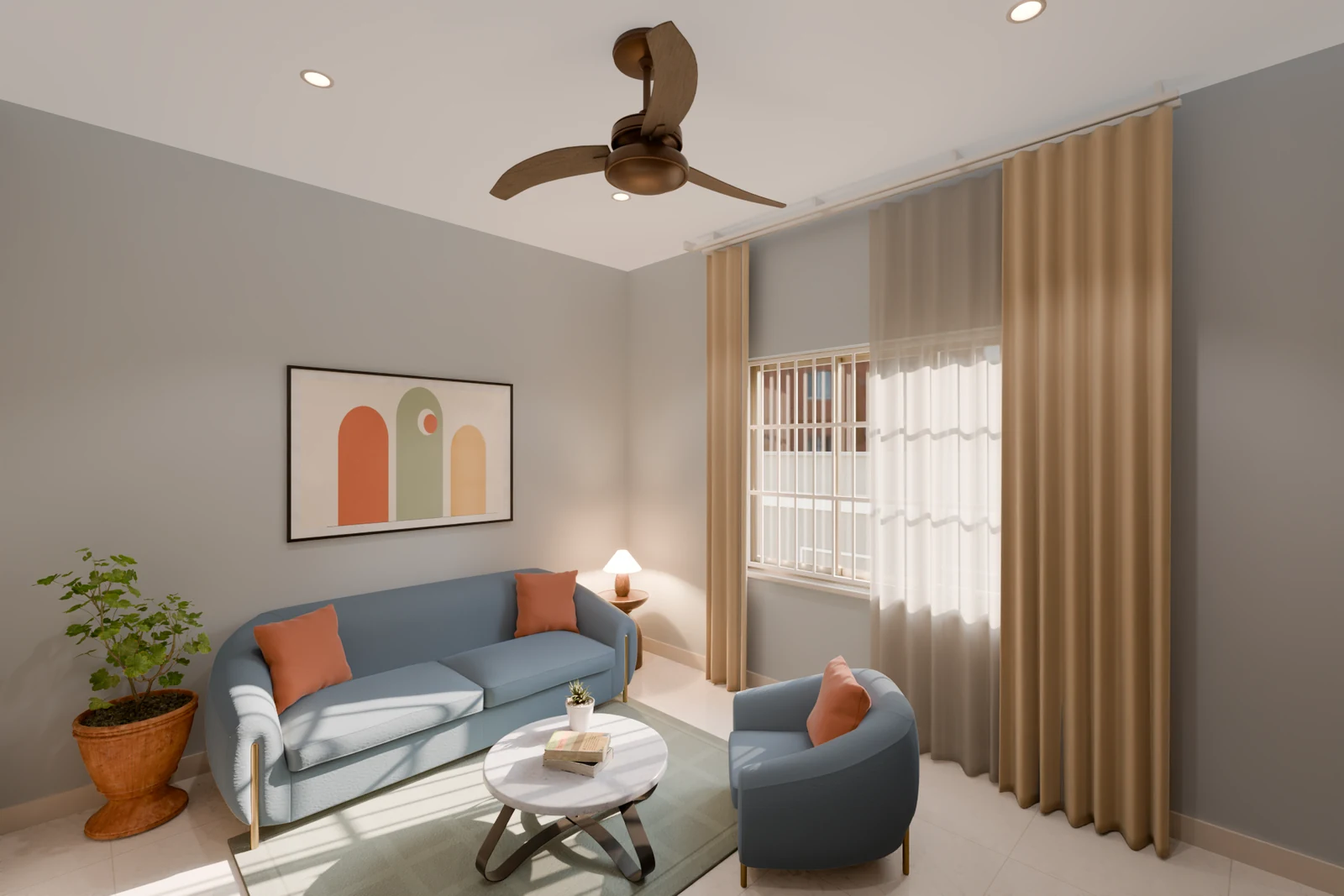 The same living room with grey walls, a slate blue sofa and gold curtains.